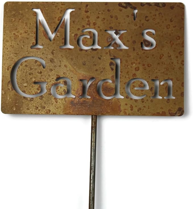 Classic Metal Garden Markers Clearance Items 20 to 33 Inches Tall (Max's Garden, Naturally Rusted)