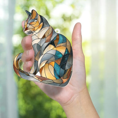 Stained Glass Cat Ornament – 2025 Christmas Tree Decoration, Handmade Animal Suncatcher for Window, for Cat Lovers & Unique Home Décor (Sun-03)