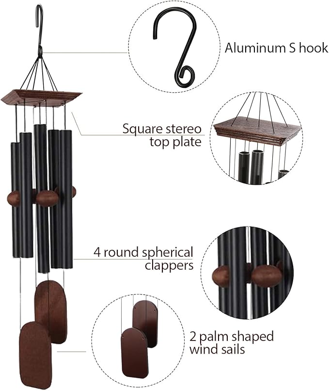 Memorial Wind Chimes for Loss of Loved Ones, 36 inch Sympathy Wind Chimes, Memorial Gifts & Sympathy Gifts, Suitable for Indoor and Outdoor, Patio, Garden for Peace and Relaxation - Aluminum，Black
