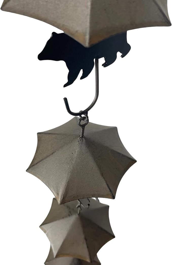 Rustic Black Bear & Umbrella Rain Chain - 75 inches Long Distressed Copper Finish, 10 Decorative 3D Designs, Weighted Bell for Wind Chime Sound