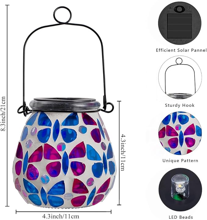 Stargarden Mosaic Solar Lanterns, Glass Hanging Lantern Waterproof Outdoor Hanging Solar Lights Butterfly Decorative Lantern for Garden ,Patio,Yard Decor