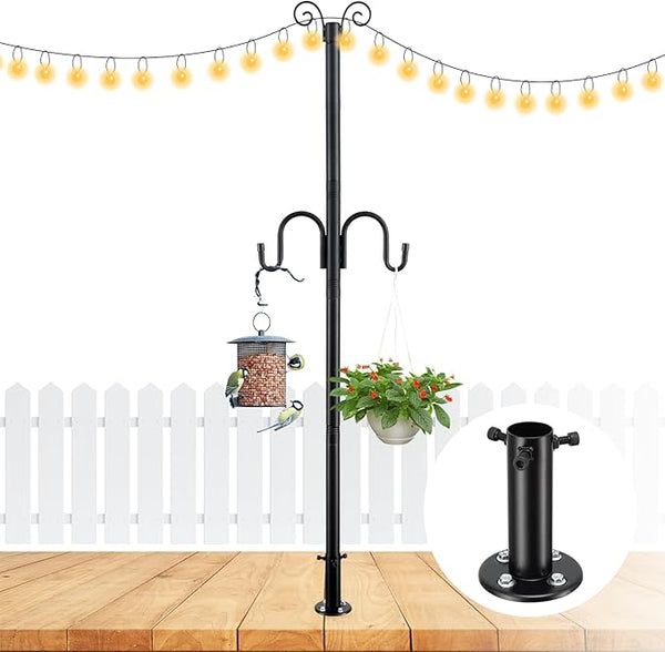 String Light Poles for Outside, 10FT Heavy Duty Outdoor String Light Pole Stand with Shepherd Hooks for Wood Deck Concrete Patio Garden Backyard Wedding Party Bird Feeder Lanterns Flower Basket 1PC