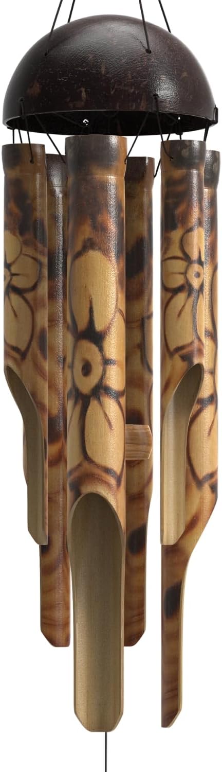 Nalulu Rustic Bamboo Wind Chimes - Outside Outdoor Wooden Windchimes, Small, Floral Burned Design with Coconut Crown, Handcrafted with Calming Deep Tones, Home Decor Ideal Gift for Him & Her