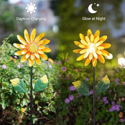 Solar Sunflower Wind Spinners Outdoor 2 Pack,Flower Windmill for Yard Art Decor,Pinwheels for Spring Outdoor Garden Lawn Patio Decor