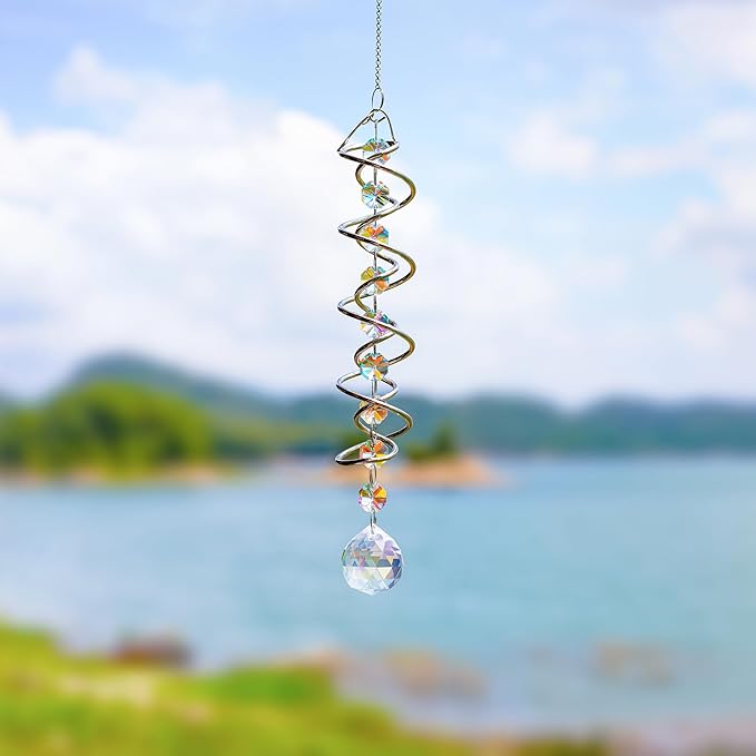 H&D HYALINE & DORA Gazing Ball Spiral Tail with AB Glass Ball Wind Spinner Spiral Hanging Rotating for Indoor Outdoor Decoration 20.5 Inch