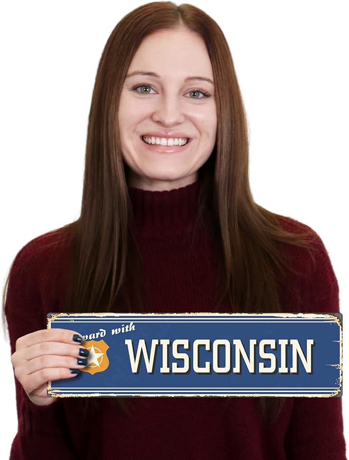 SmartSign 4 x 14 inch Forward With Wisconsin State Vintage Metal Sign, 40 mil Rustproof Aluminum with Clear Overcoat, Retro Wall Décor, Multicolor, Made in USA