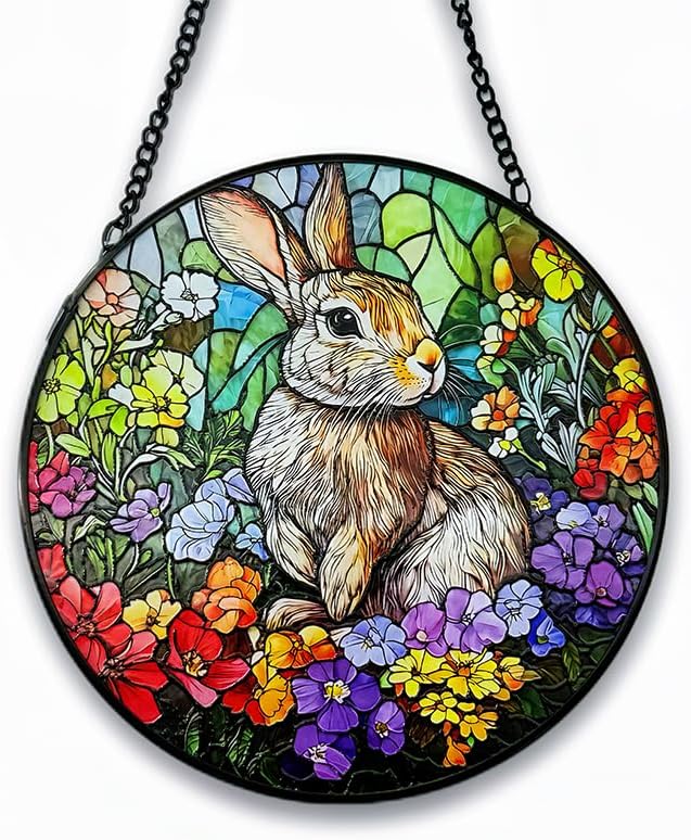 Stained Glass Window Hanging, 6.3in Bunny Sun Catcher for Window, Cute Rabbit Decor for Home & Easter Decor, Stained Glass Suncatcher Gifts for Women Mom Friend, Mother's Day Birthday