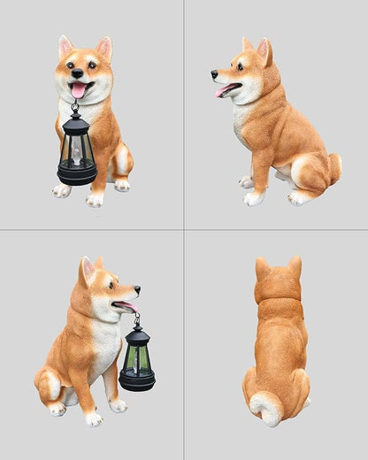Zen-Porch Akita Accent with Solar Lantern and Double-Sided Sign, Sitting Brown & White Japanese Akita Statue for Steps, Balcony & Entryway
