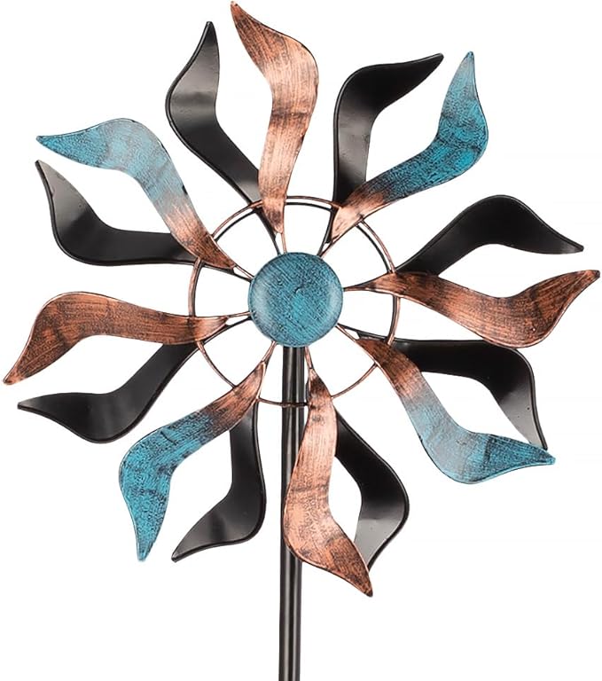 Wind Spinner Outdoor, 13 Inch Dia Kinetic Wind Sculptures & Spinners, 41" Tall Metal Windmill for Garden Yard Decor, Copper Blue