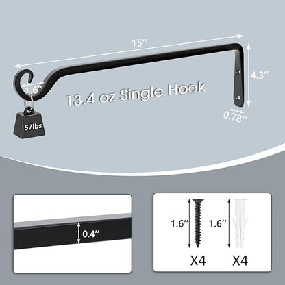 Gtongoko 2 Pack 15 Inch Plant Hangers Outdoor Metal, Plant Hooks for Wall Indoor, Outdoor Hooks for Hanging Bird Feeders, Plant Bracket, Lanterns, Wind Chinme, Black
