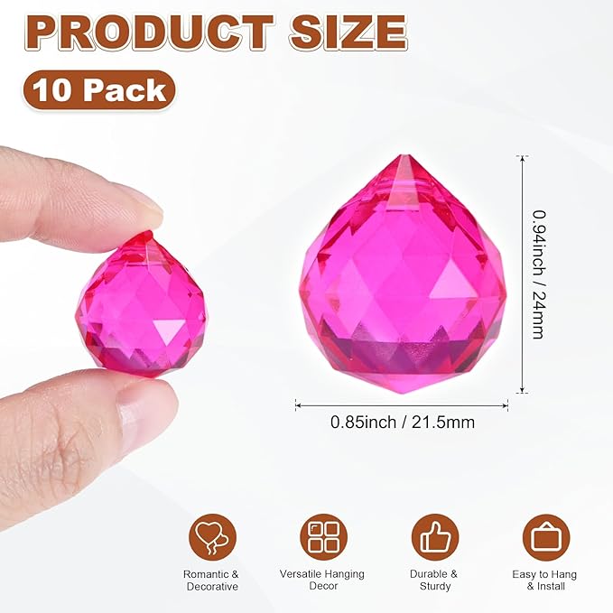 M METERXITY 10-Pack Crystal Ball Prisms, 24mm/0.94 Inch Chandelier Pendant Maker Hanging Crystals Chandelier Prisms for Home/Windows/Garden/DIY Decoration[Rose Red]