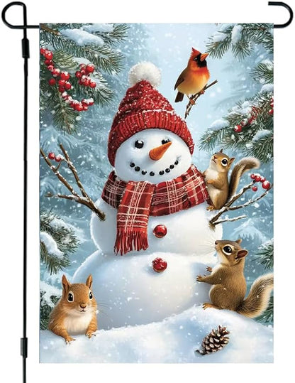 Winter Garden Flags for Outside 12x18 Double Sided, Burlap Holiday Farmhouse Rustic Squirrel Snowman Garden Flag Winter Xmas Decorations, Small Outdoor Christmas Flags for Yard Garden
