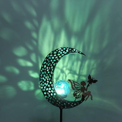Bshine Moon Solar Light Outdoor Garden Decoration, Moon Fairy Garden Statue Decor,Metal Waterproof Light Stake for Patio, Path, Yard and Lawn Ornament, Housewarming Gift for Mom,Blue