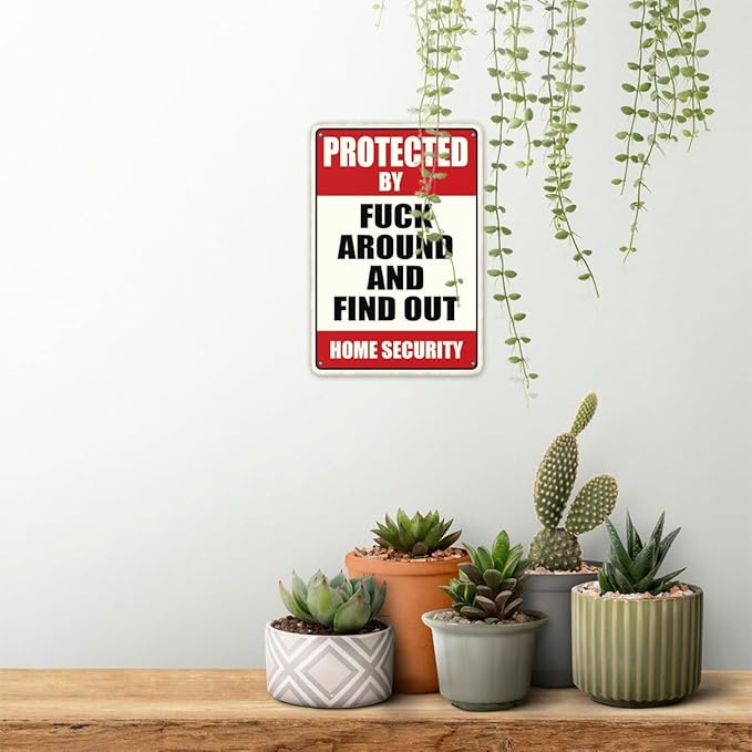 Protected By Fuck Around And Find Out Home Security 8 X 12 Inch Iron Retro Look Decoration Painting Sign for Home Farm Garden Garage Yard Patio Outdoor Farmhouse Funny Wall Decor