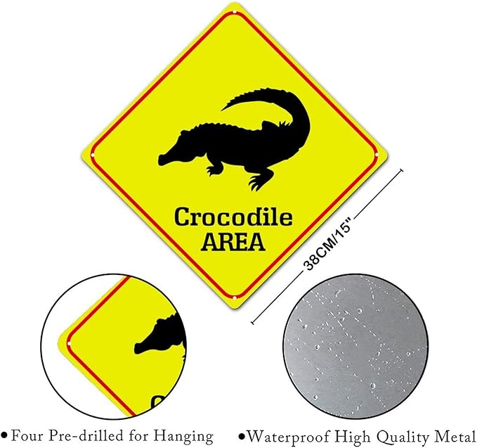 Warning Crocodile Area Metal Tin Sign Ocean Animal Caution Crossing Xing Street Sign Yellow Diamond Shape Funny Metal Sign For Indoor Outdoor Highway15x15in