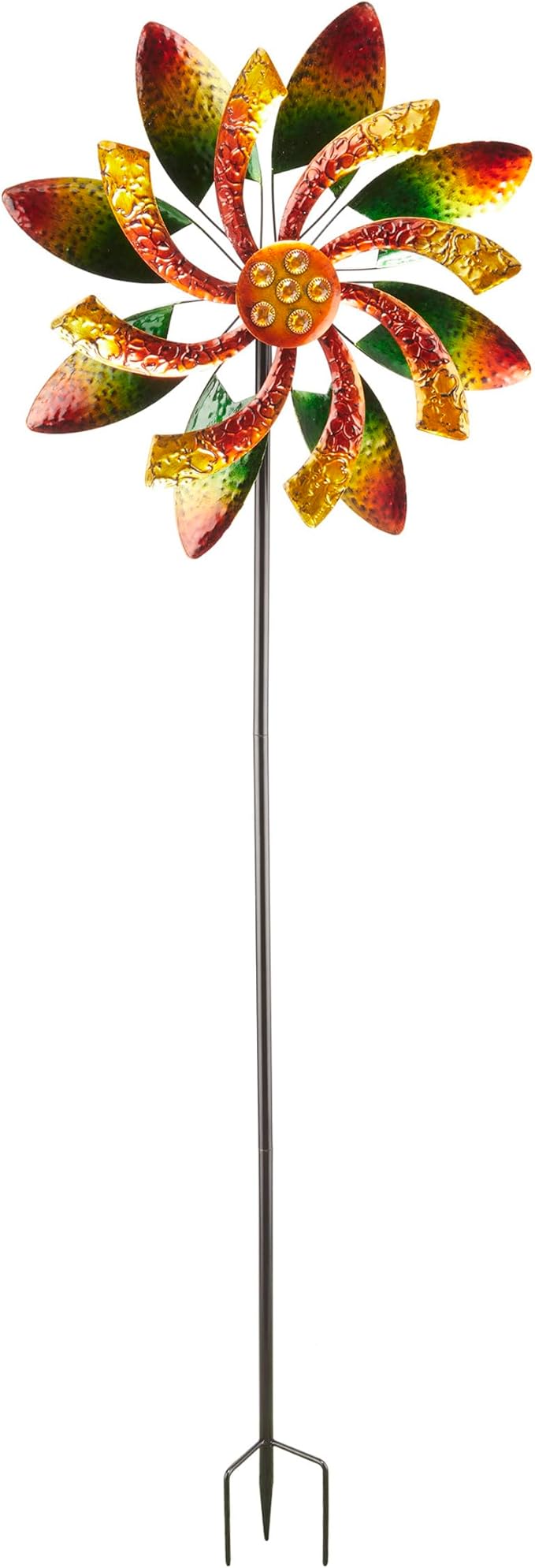 Alpine Corporation 64" Tall Floral Windmill Stake with Jeweled Kinetic Spinner, Green and Orange