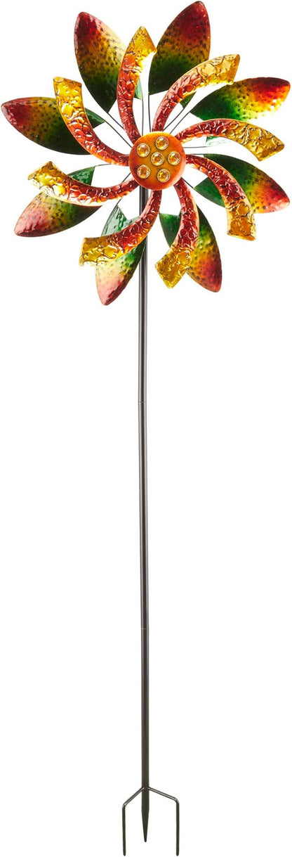Alpine Corporation 64" Tall Floral Windmill Stake with Jeweled Kinetic Spinner, Green and Orange