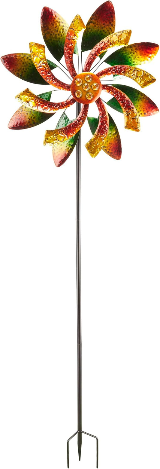Alpine Corporation 64" Tall Floral Windmill Stake with Jeweled Kinetic Spinner, Green and Orange