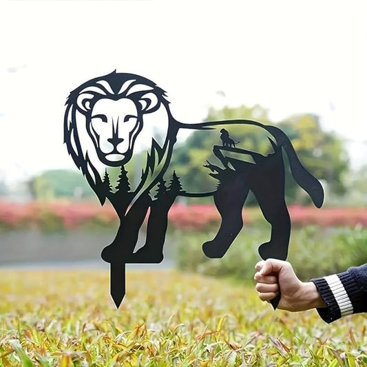 Garden Decorations Lion Metal Art Stake - Black Silhouette with Pine Tree Figure Design, Freestanding Outdoor Lawn Ornament for Yard Independence Day Decor - 38x35cm, Metal Statue