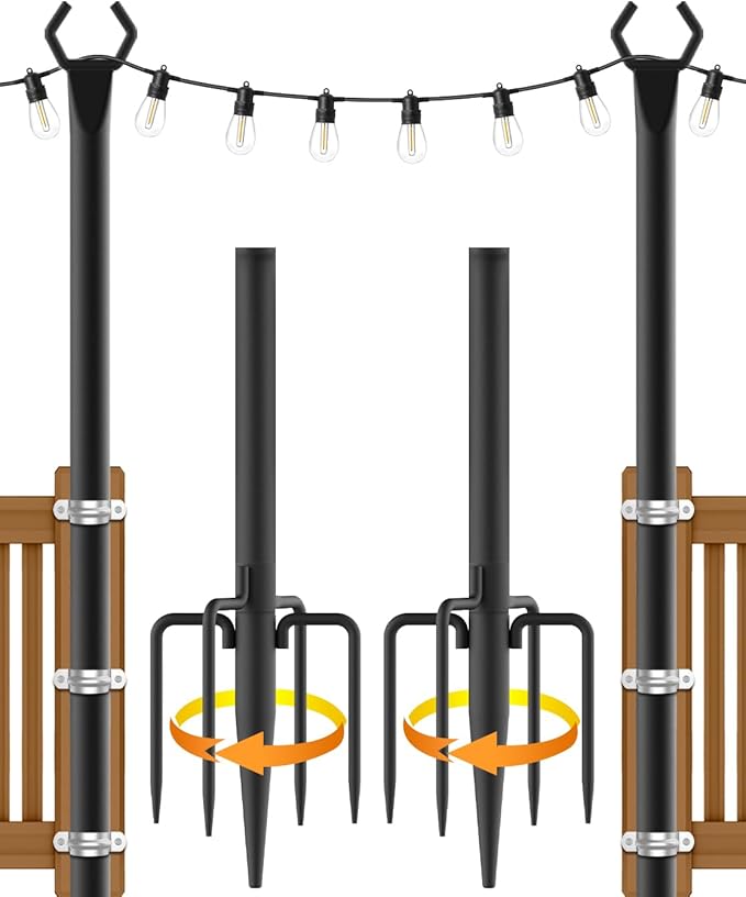 NUERPO String Light Poles,Metal Poles for Hanging Outdoor Light Strings,2 Pack 10 FT Light Poles Stand for Outside Garden,Patio,Wedding,Backyard,Deck,Party