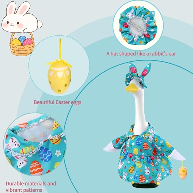 Easter Outfit for Porch Goose, Bunny Ear Hat with Easter Egg, Blue Dress Fit 17-23 Inch Goose Decoration, Holiday Costume for Front Porch Lawn Garden
