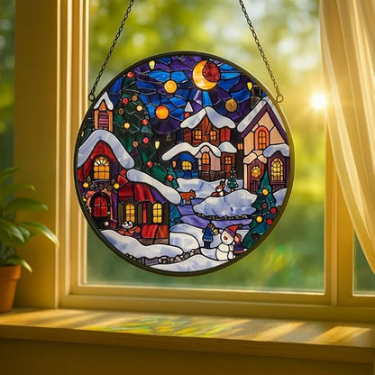 Stained Glass Window Hanging - Christmas Snowy Village at Night Sun Catchers Panel for Indoor Decorative Display for Mom, Wife, Lovers, Festive