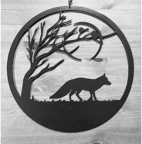 Black Fox Metal Wall Art For Outdoor Animal And Tree Silhouette Round Garden Decor Sculptures Metal Hanging Decoration