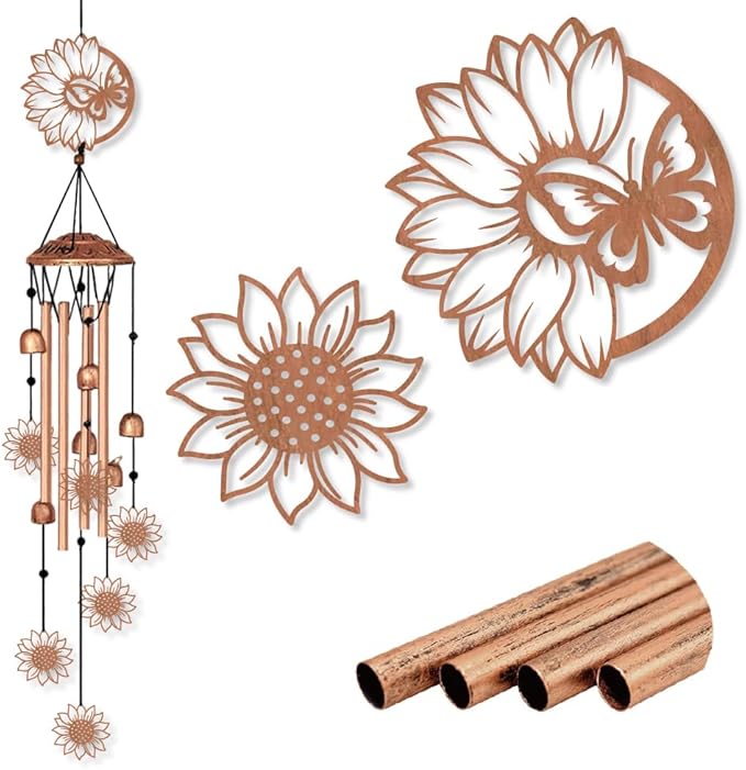 INFUNLY Sunflowers Wind Chimes for Outside Butterfly Metal Wind Chime Aluminum Windchime Tubes Memorial Wind-Bell Retro Music Windchimes with Bells for Yard Garden Decor Housewarming Birthday Gift