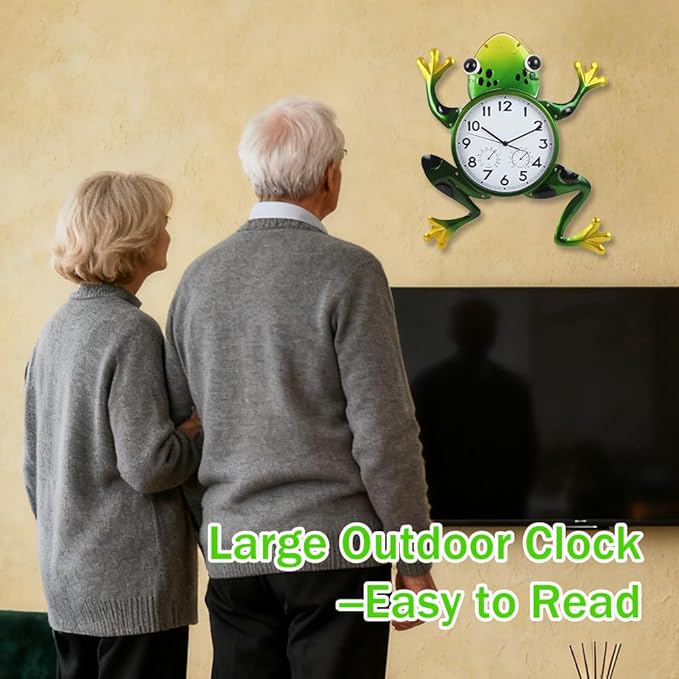 Large Outdoor Clock, Frog Outdoor Wall Clock with Thermometer & Humidity, Silent Non-Ticking Outside Clock for Patio, Living Room, Kitchen