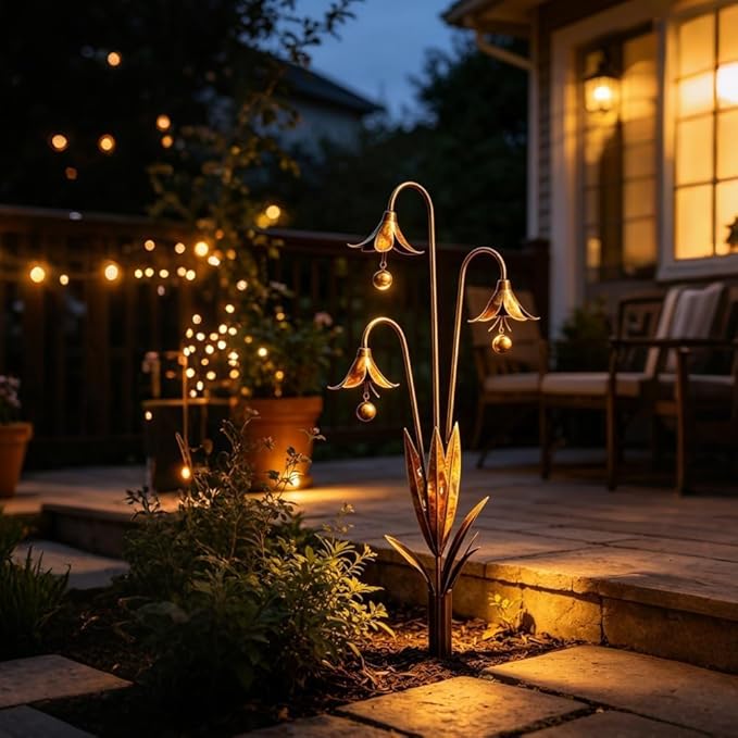 Triple Bluebells Garden Stake with Bell, Rustic Flower Yard Art Decor, Weather Resistant Outdoor Lawn Ornament, Handmade Floral Garden Decoration (1pc)