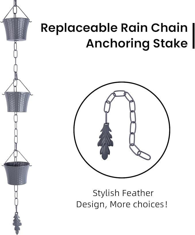 Rain Chain for Gutters with Adapter,Wrought Iron Rain Chains Set 8.5 Ft,Not Rust, Gotta Drain with Sturdy Anchoring Stake, 14 Cups, 1 Hook, Adjustable Gutter Downspout for Outdoor(Blue Gery)