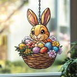 Warm Mosaic Bunny Easter Basket Acrylic Suncatcher Stained Glass Effect Window Car Hanging Christmas Ornament Indoor Outdoor Decor Garden Sun Catcher Panel for Easter Lover for Women Mom Grandma