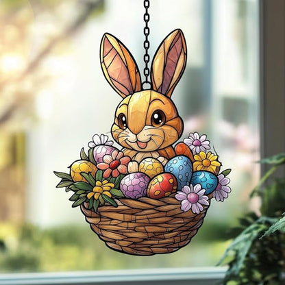 Warm Mosaic Bunny Easter Basket Acrylic Suncatcher Stained Glass Effect Window Car Hanging Christmas Ornament Indoor Outdoor Decor Garden Sun Catcher Panel for Easter Lover for Women Mom Grandma