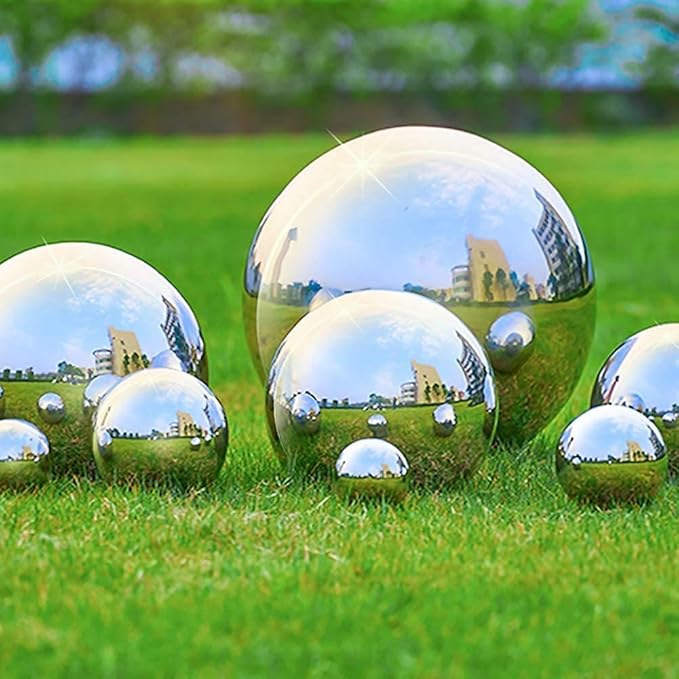 Nerien Gazing Ball, 6 Inch Stainless Steel Garden Mirror Globe, Polished Ornament Sphere, Hollow Floating Reflective Hemisphere, for Home Outdoor Pond Housewarming Swimming Pool Decoration, Silver