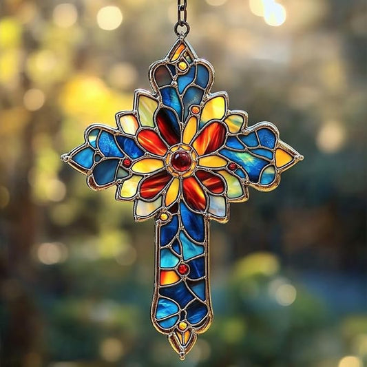 Mosaic Style Cross Acrylic Suncatcher Stained Glass Effect Window Car Hanging Christmas Ornament Indoor Outdoor Decor Garden Memorial Sun Catcher for Family Christmas Jesus Gift for Women Mom Grandma