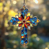 Mosaic Style Cross Acrylic Suncatcher Stained Glass Effect Window Car Hanging Christmas Ornament Indoor Outdoor Decor Garden Memorial Sun Catcher for Family Christmas Jesus Gift for Women Mom Grandma