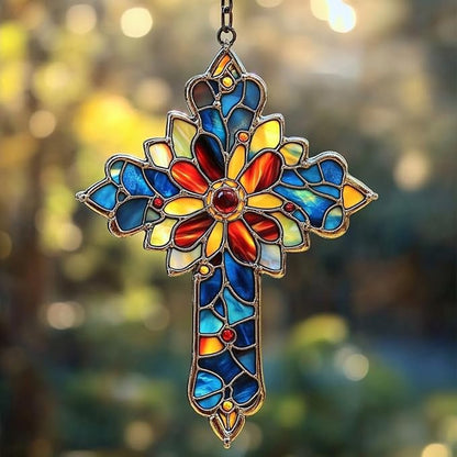 Mosaic Style Cross Acrylic Suncatcher Stained Glass Effect Window Car Hanging Christmas Ornament Indoor Outdoor Decor Garden Memorial Sun Catcher for Family Christmas Jesus Gift for Women Mom Grandma