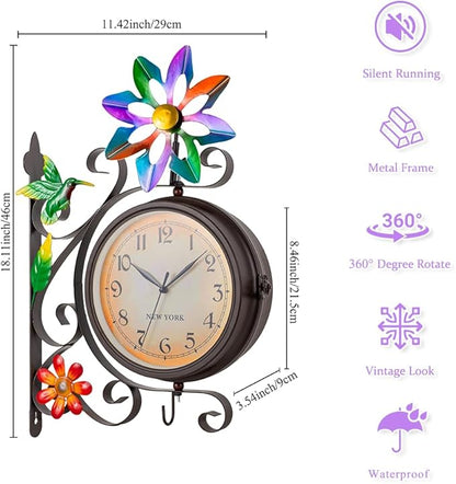 Vintage Indoor Outdoor Clock - Silent Non-Ticking, Double Sided Wall Clock with Windmill Decor Waterproof for Garden, Patio, Yard, Farmhouse, Home Décor (Colorful)
