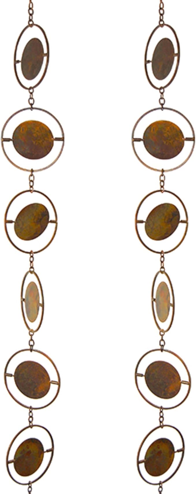 BestNest Ancient Graffiti Circle Rain Chains, Flamed Copper Colored, Pack of 2 – 96" Iron Downspout Alternatives with Linked Circles & Discs, Decorative Copper Finish, Includes Gutter Clips