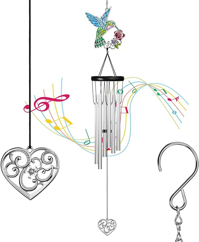 Outdoors Hummingbird Wind Chimes Sympathy Memorial for Loss of Loved One - Soothing Melodic Tones Aluminum Chime Great as a Gift for Your Patio Porch Garden and Backyard (Hummingbird,Heart)