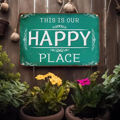 This is Our Happy Place Metal Tin Wall Sign Farmhouse Wall Decor Signs Porch Decor for Home Deck Outdoor Outside Door Fence 12x8 Inches