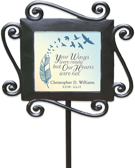 GiftsForYouNow Wrought Iron Personalized Memorial Garden Stake with Custom Text, 28 x 8.5 Inches, Temporary Grave Marker, Cemetery Memorial Plaque for Loss of Loved One Wings were Ready
