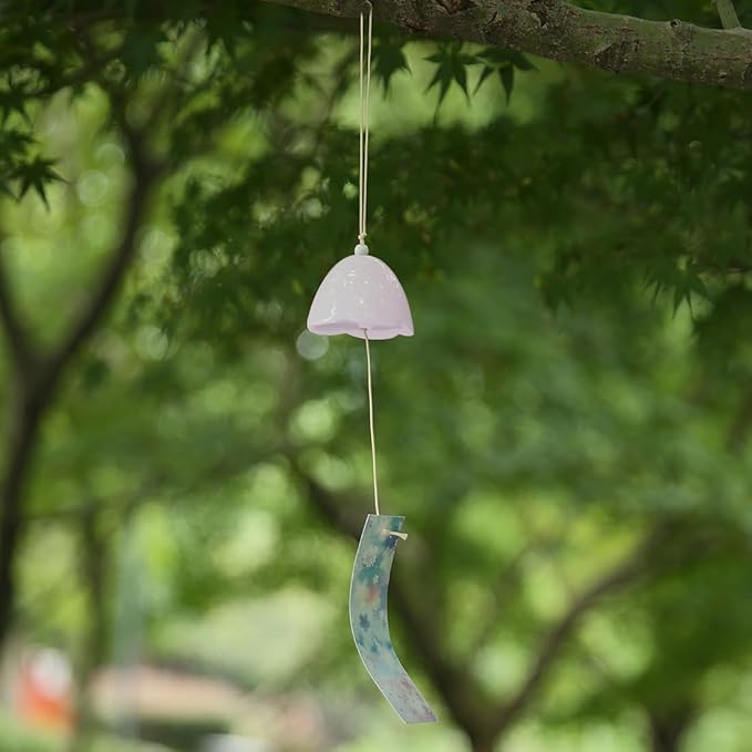Ceramic Cherry Blossom Small Japanese Wind Chimes Outdoor, Handmade Pendants Wind Bells/Ceramic Wind Chimes for Outside with Soothing Melodic Tones for Garden Patio Balcony Home Décor (Pink)