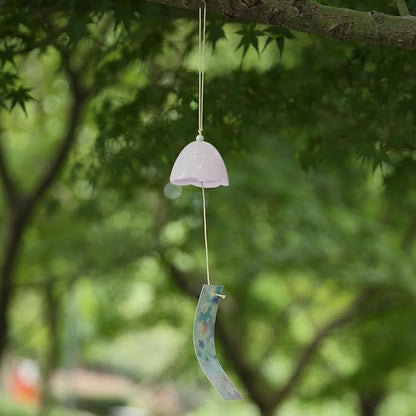 Ceramic Cherry Blossom Small Japanese Wind Chimes Outdoor, Handmade Pendants Wind Bells/Ceramic Wind Chimes for Outside with Soothing Melodic Tones for Garden Patio Balcony Home Décor (Pink)