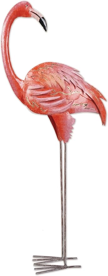 Sunset Vista Designs Outdoor Yard Decor - 3 Dimensional Metal Flamingo Garden Sculpture, 38" Tall, Looking Back