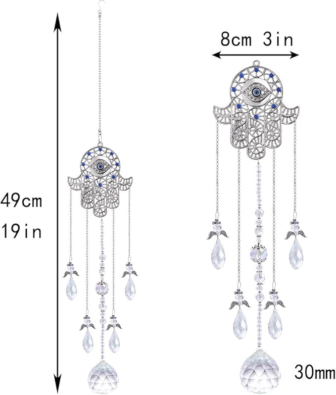 19inch Hanging Crystal Blue Evil Eye Protection Pendant Hamsa Hand Suncatcher Angel Wing Decor for Christmas Tree Prism Sun Catchers Indoor Window Decoration Charm