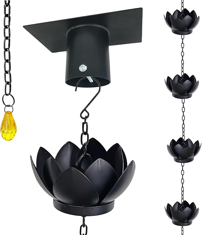 8.5Ft Metal Lotus Rain Chain for Gutters, Rust-Resistant Outdoor Rain Catcher with Hanging Gutter Adapter, Perfect for Heavy Rain, Indoor/Outdoor Decoration, Dark Bronze Finish