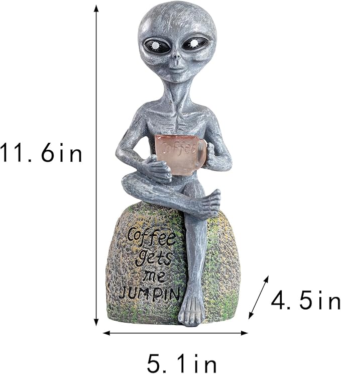 Solar Powered Alien Garden Statue with Coffee Cup, Funny Outdoor Decor, 11.6 x 5.1 x 4.5 inches