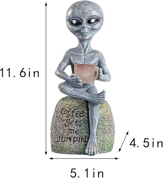 Solar Powered Alien Garden Statue with Coffee Cup, Funny Outdoor Decor, 11.6 x 5.1 x 4.5 inches
