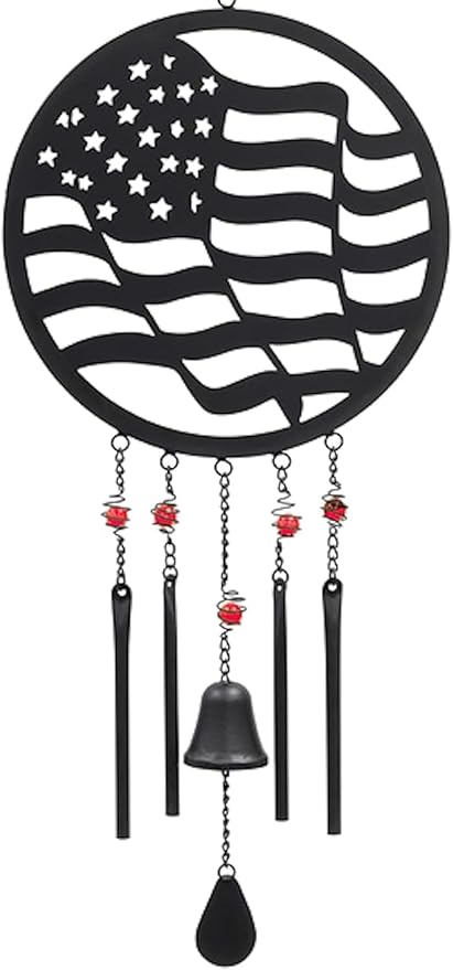 Carson 32" American Flag Silhouette Wind Chime - Black Metal Stars and Stripes Windchime - Outdoor Chimes for Garden, Patio, Porch